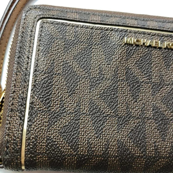NWOT Michael Kors Brown & Gold Jet Set Pebbled Coated Zip Wristlet Wallet - Picture 3 of 6